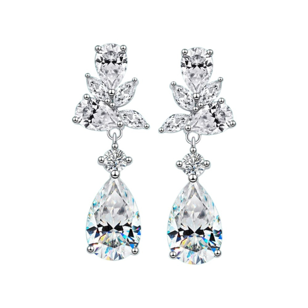 Dahlia Moissanite Drop Earrings - elegant design drop earrings adorned with pear shaped moissanite gemstones, sparkly earrings that serves as the perfect diamond alternative jewelry.