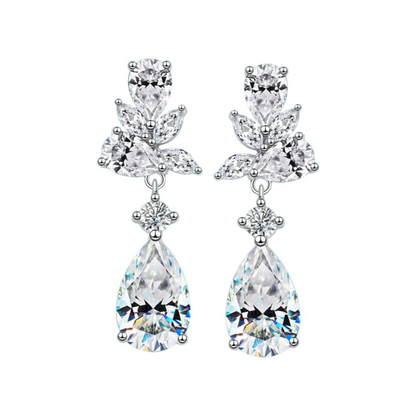 Dahlia Moissanite Drop Earrings - elegant design drop earrings adorned with pear shaped moissanite gemstones, sparkly earrings that serves as the perfect diamond alternative jewelry.