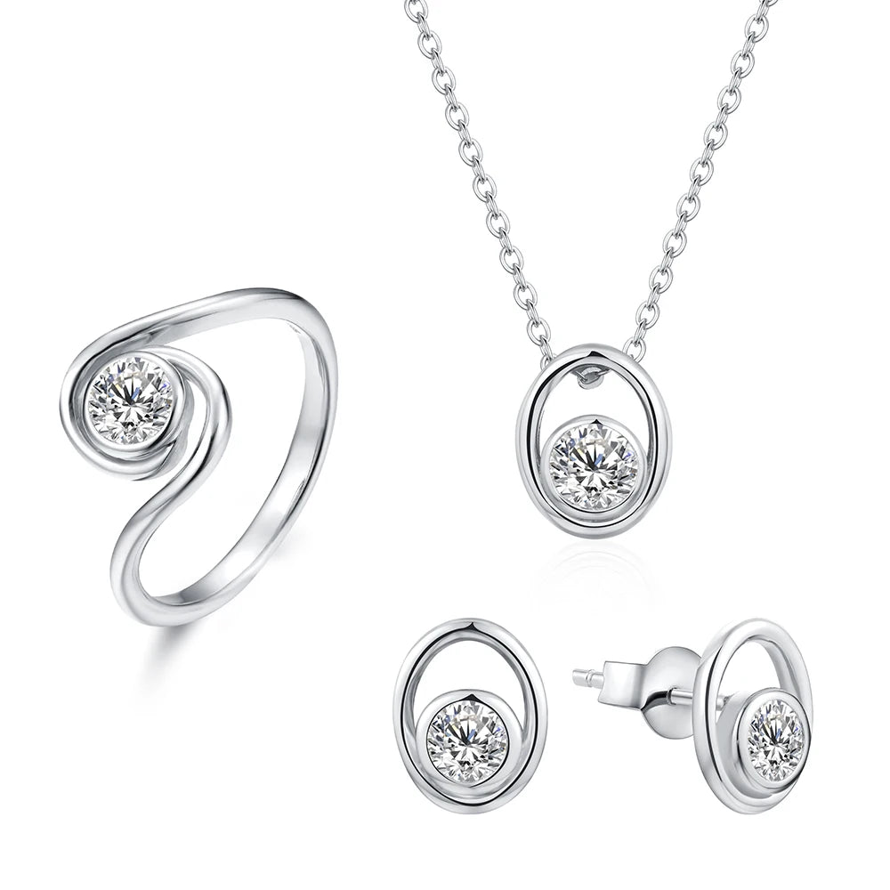 Willow Moissanite Necklace with Earrings and Ring Jewelry Set - White gold in color, elegant swirl design, each set with sparkly moissanite round solitaire gemstone