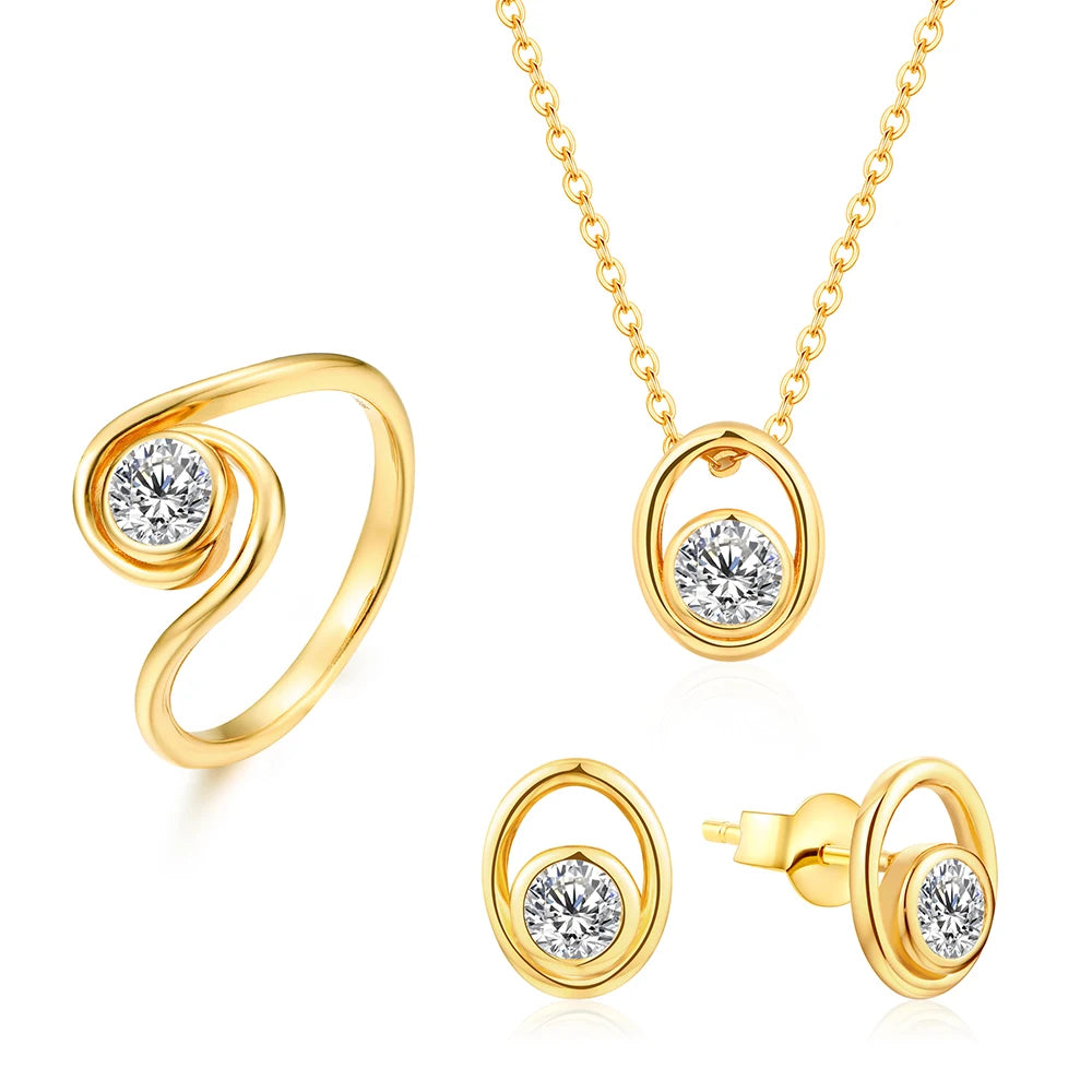Willow Moissanite Necklace with Earrings and Ring Jewelry Set Gold Circular Design Round Solitaire
