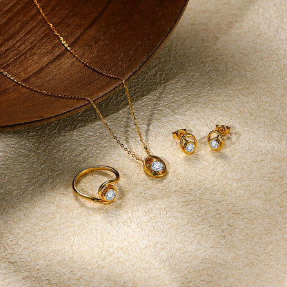 Willow Moissanite Necklace with Earrings and Ring Jewelry Set - Yellow gold in color, elegant swirl design, each set with sparkly moissanite round solitaire gemstone