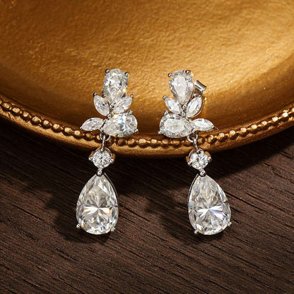 Dahlia Moissanite Drop Earrings - elegant design drop earrings adorned with pear shaped moissanite gemstones, sparkly earrings that serves as the perfect diamond alternative jewelry