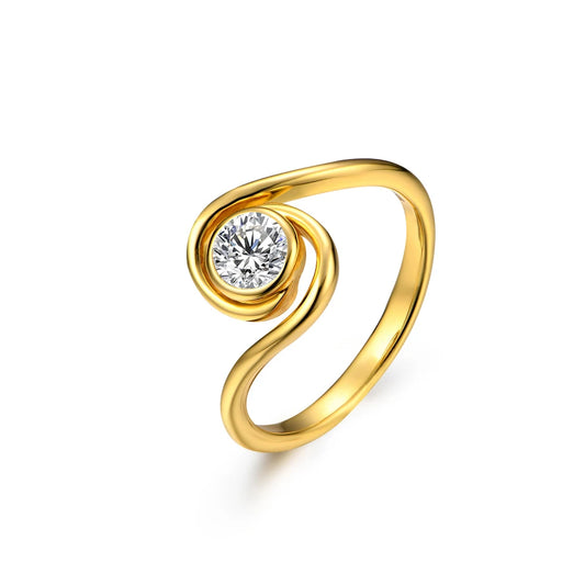 Willow Round Cut Moissanite Ring in Sterling Silver or Yellow Gold (10K, 14K, 18K), round cut solitaire, bezel set ring with swirl design