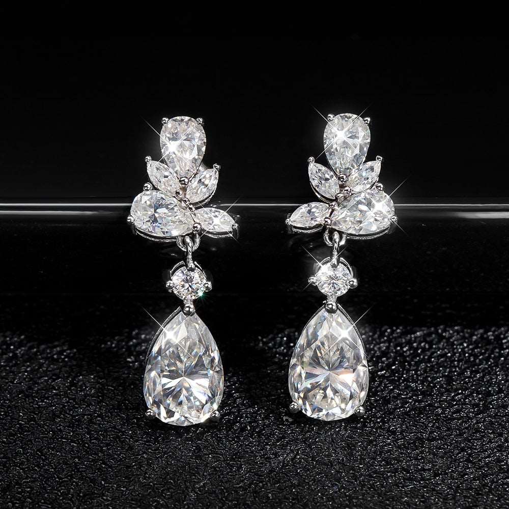 Dahlia Moissanite Drop Earrings - elegant design drop earrings adorned with pear shaped moissanite gemstones, sparkly earrings that serves as the perfect diamond alternative jewelry